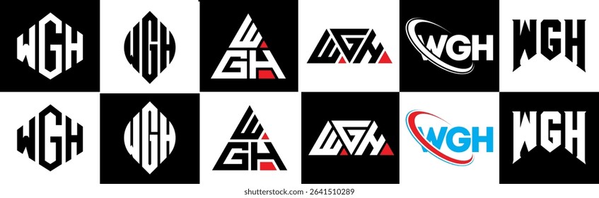 WGH letter logo design in six style. WGH polygon, circle, triangle, hexagon, flat and simple style with black and white color variation letter logo set in one artboard. WGH minimalist and classic logo