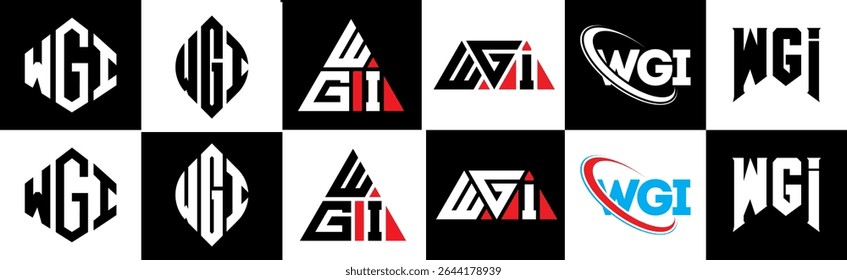 WGI letter logo design in six style. WGI polygon, circle, triangle, hexagon, flat and simple style with black and white color variation letter logo set in one artboard. WGI minimalist and classic logo