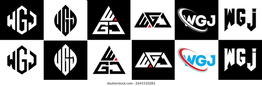 WGJ letter logo design in six style. WGJ polygon, circle, triangle, hexagon, flat and simple style with black and white color variation letter logo set in one artboard. WGJ minimalist and classic logo