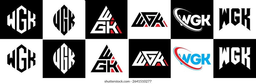 WGK letter logo design in six style. WGK polygon, circle, triangle, hexagon, flat and simple style with black and white color variation letter logo set in one artboard. WGK minimalist and classic logo