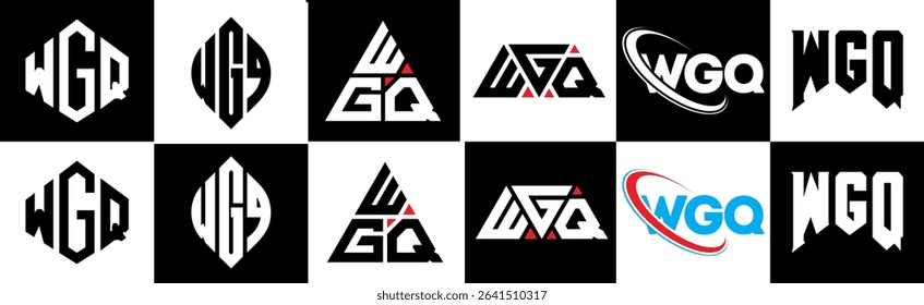 WGQ letter logo design in six style. WGQ polygon, circle, triangle, hexagon, flat and simple style with black and white color variation letter logo set in one artboard. WGQ minimalist and classic logo