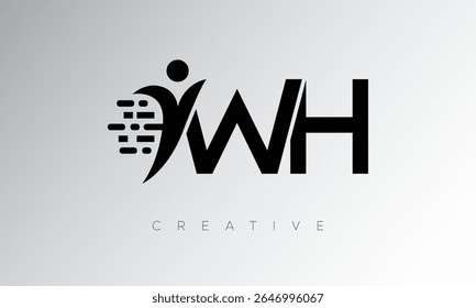 WH Creative Digital Monogram Logo – Futuristic Letter mark Design Featuring Human Shape, Pixel Motion and Minimal Tech Style for Innovative Branding Identity