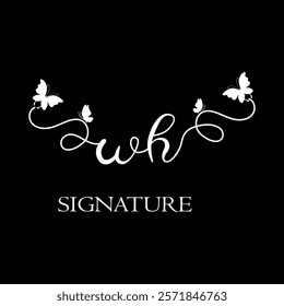 WH Handwritten initial letter, WH simple signature vector logo with butterfly shape variation, beauty, photography letter logo design. W H