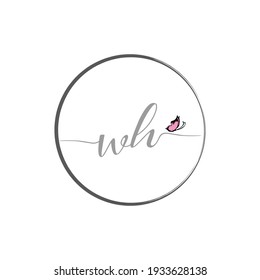 Diseño del logotipo de escritura a mano de letra inicial WH con mariposa
