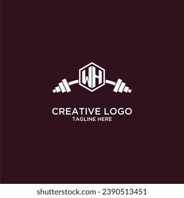 WH initial monogram for fitnes or gym logo with creative shield and barbell design
