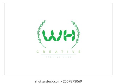 WH letters eco logo with leaf. Fresh nature and healthy leaf logo design.