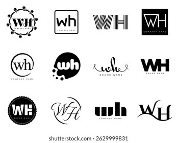 WH logo company template. Letter w and h logotype. Set different classic serif lettering and modern bold text with design elements. Initial font typography. Collection trendy business identity.
