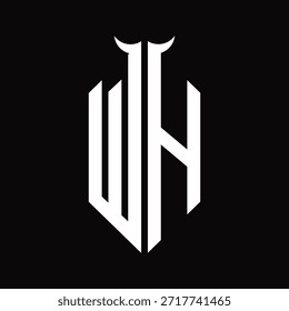WH Logo monograma con forma de cuerno aislado Plantilla de diseño en blanco y negro sobre fondo negro