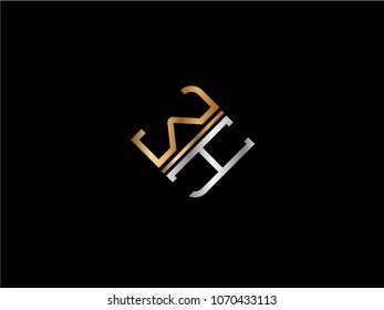WH square shape Letter logo Design in silver gold color