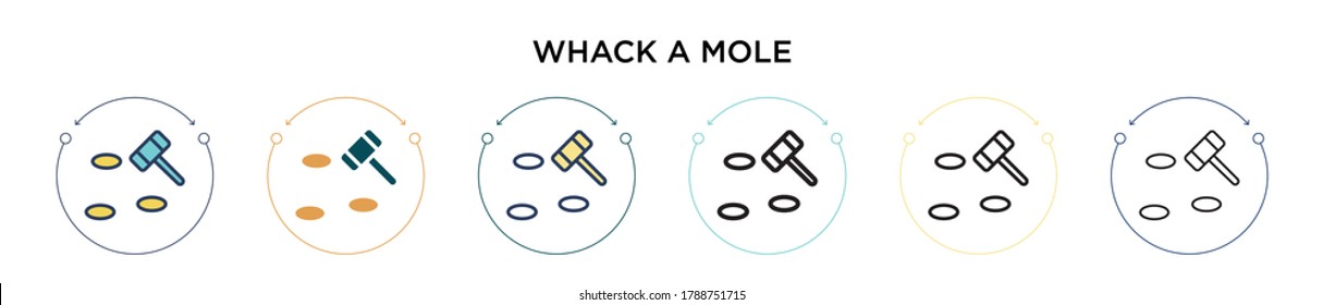 Whack a mole icon in filled, thin line, outline and stroke style. Vector illustration of two colored and black whack a mole vector icons designs can be used for mobile, ui, web