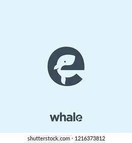 Whale Abstract Vector Logo Template, Sign or Icon. Cute Little Whale Silhouette Incorporated in the Letter E. Negative Space Concept with Modern Typography. Isolated.