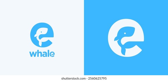 Whale Abstract Vector Logo Template, Sign Icon. Cute Little Whale Silhouette Incorporated in the Letter E. Negative Space Creative Monogram Concept with Modern Typography. Isolated