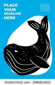 Whale. Abstract wild animal poster. Jungle, Forest fish. Set of contemporary asian art print templates. Ink animals with place for text and geometrical shapes on the background. Vector illustration