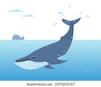 Whale animal diving into water. Ocean aquatic mammal. Humpback whale in Sea. Animal blue whale floating Underwater. Nature Vector flat or cartoon illustration isolated on white background.