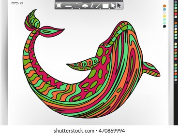Whale. Animal patterns with hand-drawn doodle waves and lines. Vector illustration in bright colors.