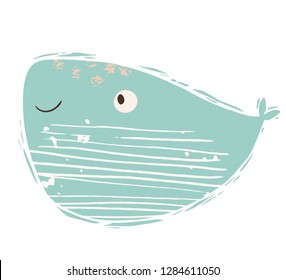 Whale baby cute print. Sweet sea animal. Cool ocean animal illustration for nursery t-shirt, kids apparel, party and baby shower invitation. Simple child design. Summer time