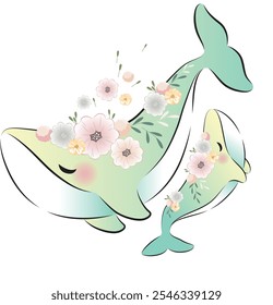 whale baby family flower marine life illustrations