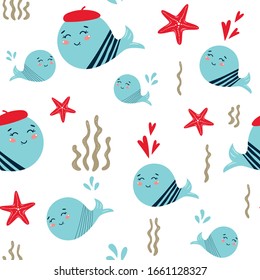 Whale baby pattern. Cute whales seamless background Baby shower design Fish sea kids print Vector