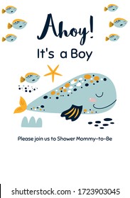 Whale baby shower invitation Ahoy Its a Boy Nautical Baby Shower invite card design Cute whale sea animal vector svg