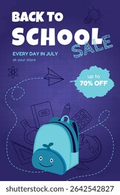 Whale backpack-themed Back to School flyer ideal for kids events, school gear promos, or classroom-themed marketing materials. Vector design template for poster, card, sale, party invitation