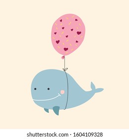 A whale in a balloon. Color vector illustration. Cartoon whale drawing.