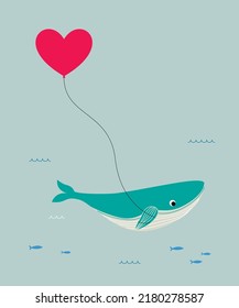 whale with balloon valentine card graphic vector