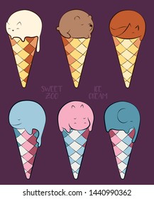 Whale, bear, cat, elephant, hippo, fox ice cream. Sweet ice cream Animals. Sweets pattern. 