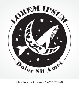 Whale in behind of ornamental moon surrounded by stars, vector emblem logo template 