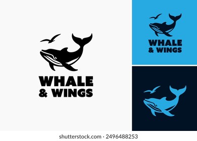 Whale and Bird Logo Template: Captures harmony  freedom, tailored for environmental organizations or wildlife sanctuaries. Layered EPS Vector