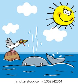 whale and bird in the sea, cute picture for kids, vector illustration, blue background