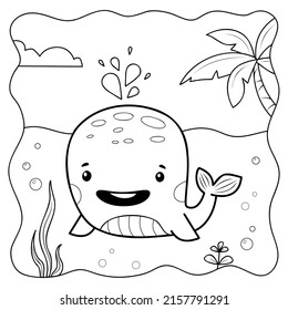 Whale black and white. Coloring book or Coloring page for kids. Marine background vector illustration