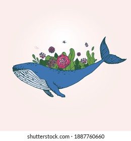 Whale with blooming glade on its back with flowers and leaves, hand drawn vector illustration.
