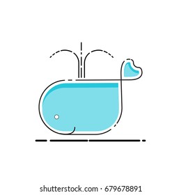 Whale blue Cartoon Sprayed water over its head , Cartoon design to dash 