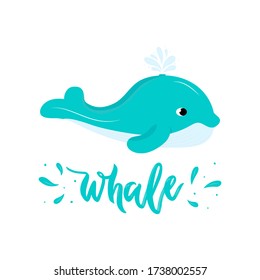 Whale blue cute with water splash. Icon isolated. Vector illustration. For logo of kids club, shcool, preshcool. Print. Aquatic animal. Wildlife. Sea, ocean life. Hand texture calligraphy lettering.