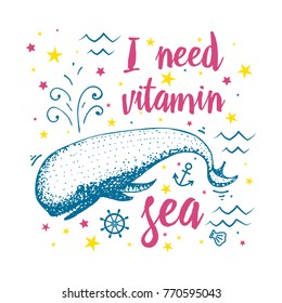 Whale and blue sea. animals, nature, wildlife, quote. engraved hand drawn. mammal marine or ocean fishes. 
