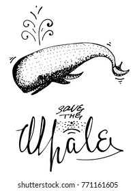 Whale and blue sea. animals, nature, wildlife, quote. engraved hand drawn. mammal marine or ocean fishes. 