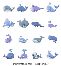 Whale blue tale fish icons set. Cartoon illustration of 16 whale blue tale fish vector icons for web