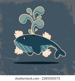 Whale, blue whale, vector image, grunge, logo, postcard, icon, sticker, banner.