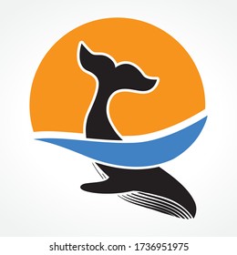 Whale, blue water and orange sun, vector