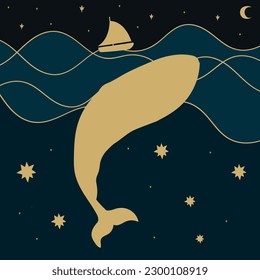 A whale and a boat in the night ocean. Minimalist background with midnight sky and ocean view and silhouettes of a ship and a whale. Vector art