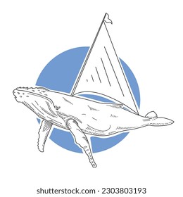 Whale and boat on blue background