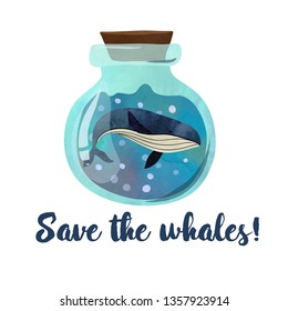 Whale in the bottle. Poster or card design. Illustration on white background. Watercolour imitation