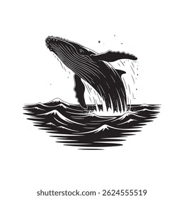 Whale Breaching Above Ocean with Splash – Black and White Silhouette Vector