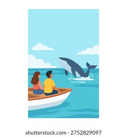 Whale breaching near a couple on a boat enjoying the vast ocean and marine life during a sunny day