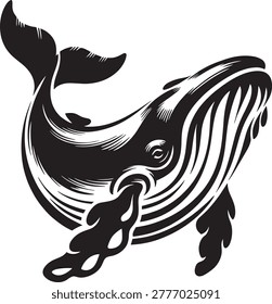 Whale breaching and spraying water in solid style with humpback on white background marine life. A stylized illustration of a whale breaching from water and spraying water from its blowhole.