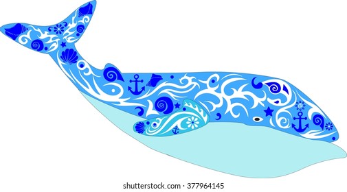 whale a bright illustration, a sea animal with a tail, the mammal living in the sea, the leviathan with a sea pattern, an ornament from cockleshells and flowers, large deep-water fish, 