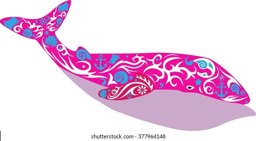 whale a bright illustration, a sea animal with a tail, the mammal living in the sea, the leviathan with a sea pattern, an ornament from cockleshells and flowers, large deep-water fish, 