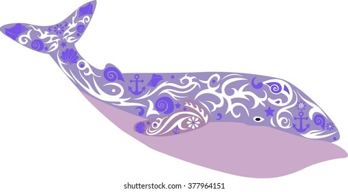 whale a bright illustration, a sea animal with a tail, the mammal living in the sea, the leviathan with a sea pattern, an ornament from cockleshells and flowers, large deep-water fish, 