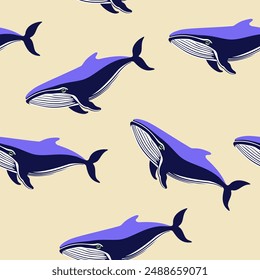 Whale bright vector seamless pattern.