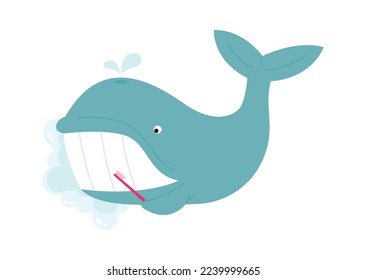Whale brush teeth flat icon Funny cartoon animal. Vector illustration